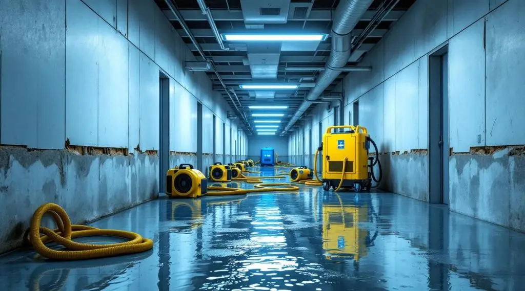 Commercial water extraction technicians using industrial air movers on wet carpets in a Peoria commercial building.