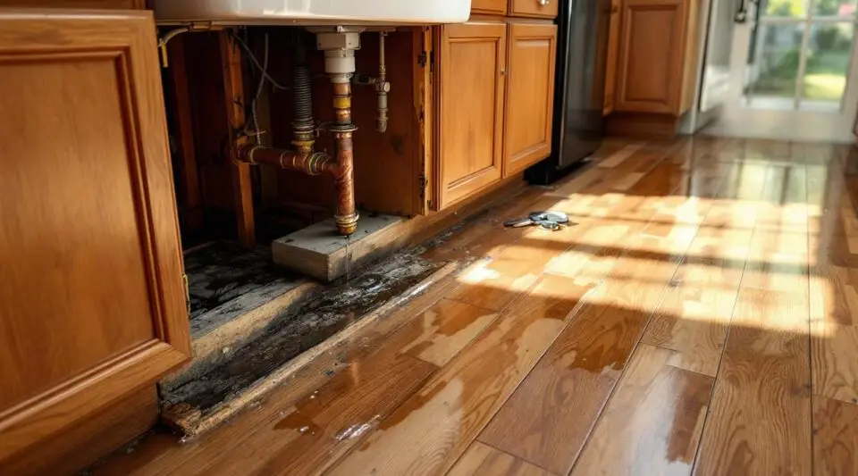 A professional technician using a moisture detection probe behind kitchen cabinetry in a Scottsdale home to find hidden leaks.