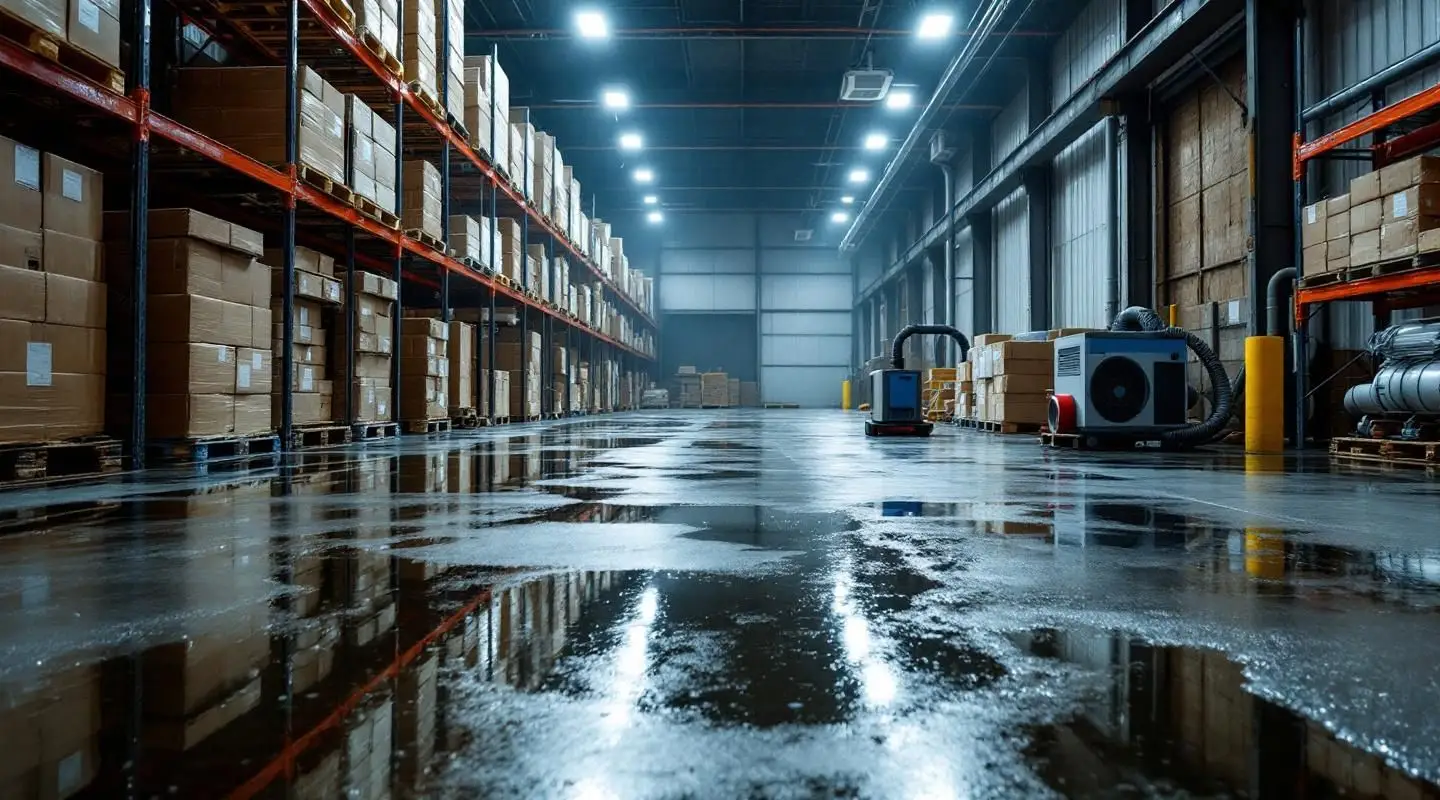 Flooded warehouse floor with industrial water extraction equipment in Scottsdale