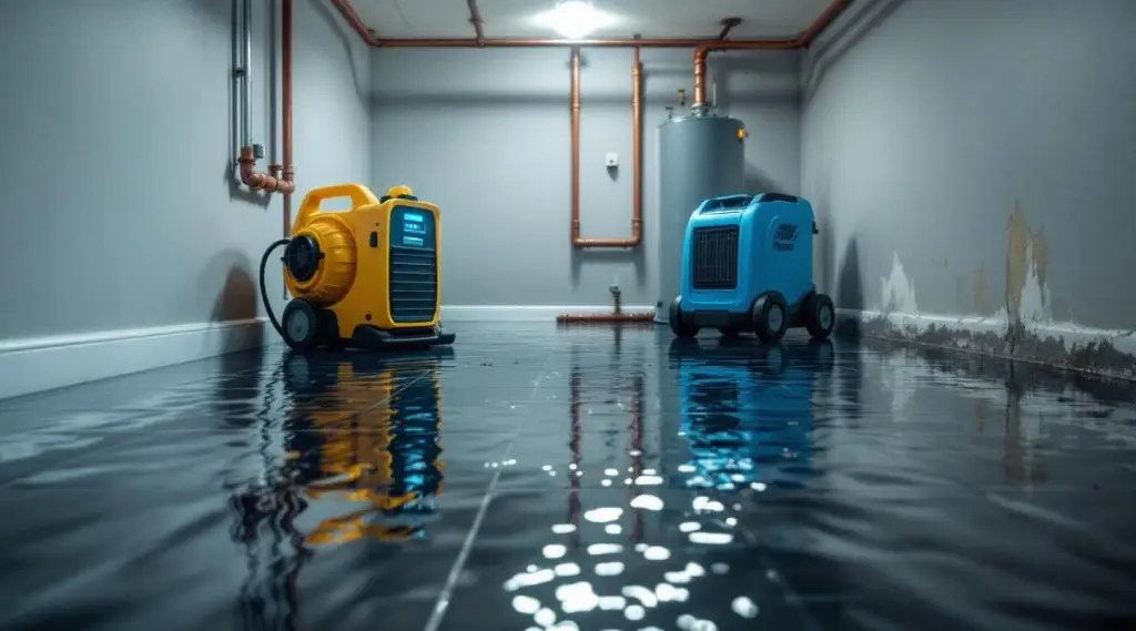 Professional water damage technician using extraction equipment in a flooded Peoria home with warm cinematic lighting