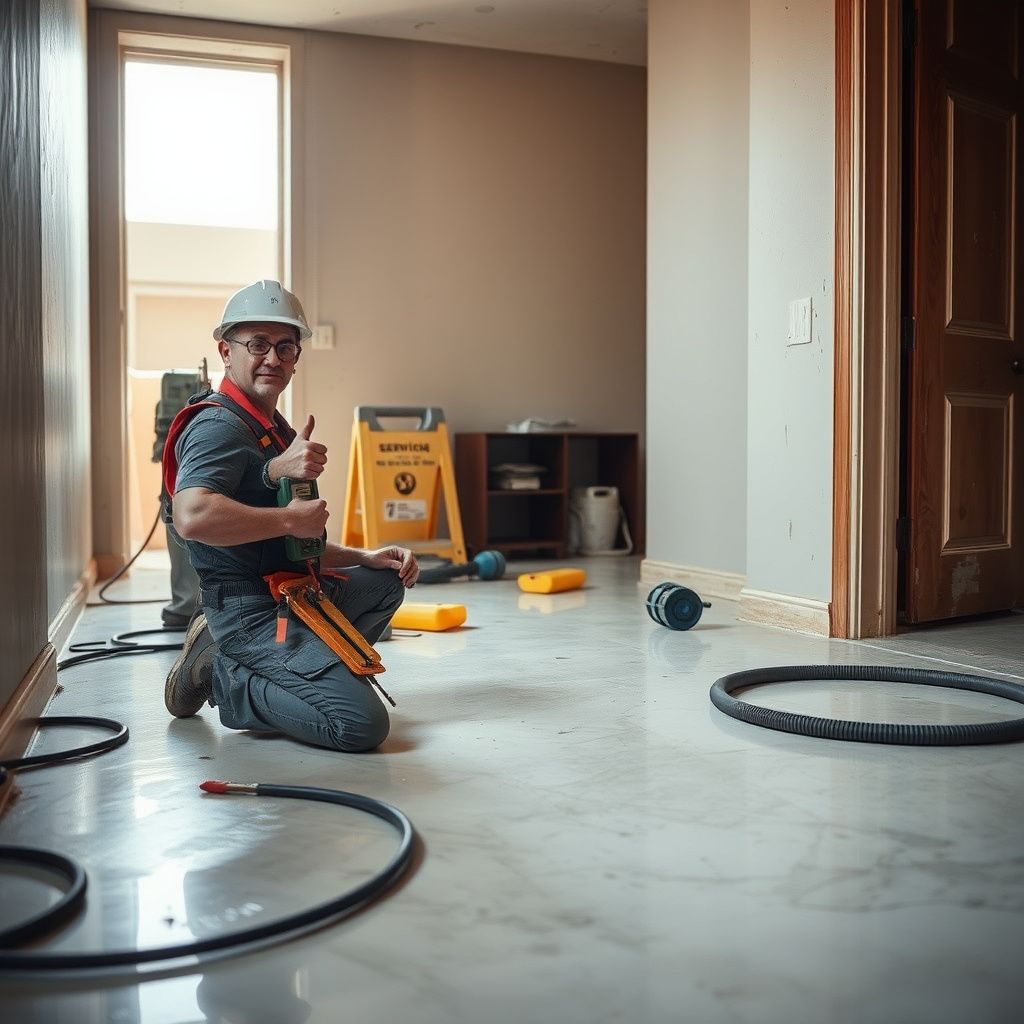 An IICRC-certified technician from Asx Restoration Inc setting up commercial air movers to dry a flooded room in Mesa.