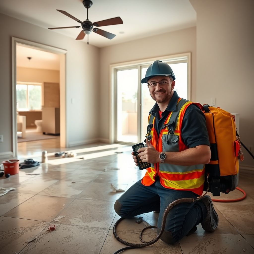 An Asx Restoration Inc technician using a thermal imaging camera to detect hidden moisture behind a stucco wall in a Fountain Hills home.
