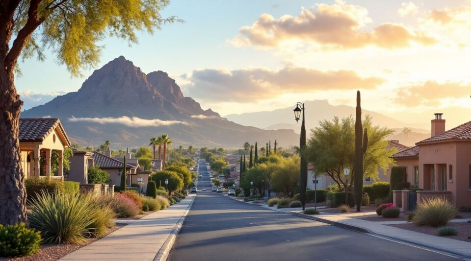 A luxury estate in Paradise Valley with Camelback Mountain in the background, showing a discreet restoration response vehicle parked in the driveway.