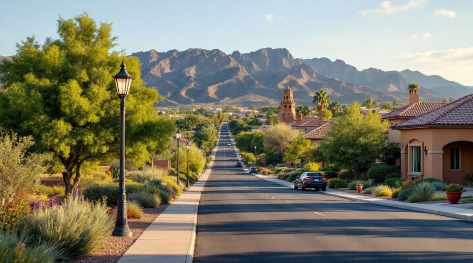 A service vehicle parked on a quiet residential street in Fountain Hills, Arizona, with desert hills and stucco homes in the background.