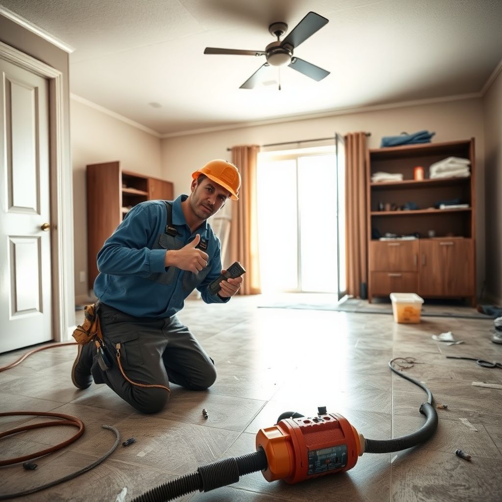 An IICRC certified technician using a moisture meter to check for hidden water damage behind a drywall baseboard in Glendale.