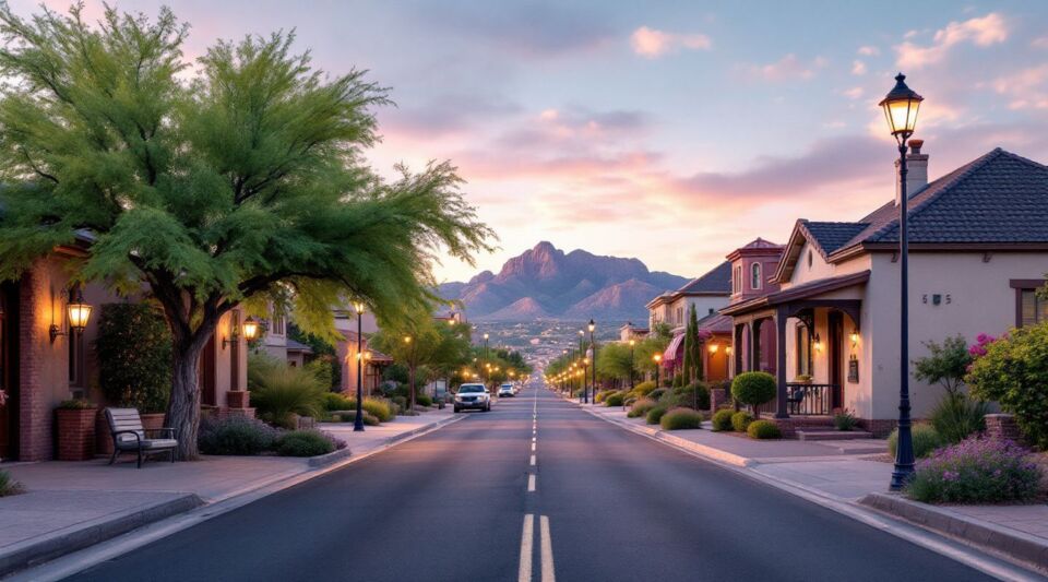 A professional water extraction vehicle parked near a Southwestern-style home in Cave Creek, Arizona during sunset.