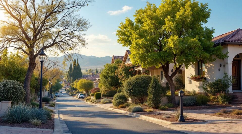 A response vehicle parked along a residential street lined with Spanish-style ranch homes in Glendale, Arizona during dusk.