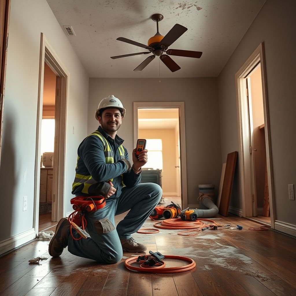 A high-capacity dehumidifier and air movers drying out a tiled living room in a Cave Creek home.